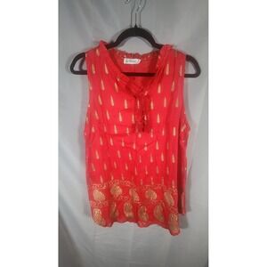 Lapogee Womens Red Gold Metallic Block Print Sleeveless Tassel Blouse Medium EUC
